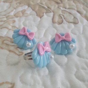 blue yume kawaii scallop seashell earring ring set